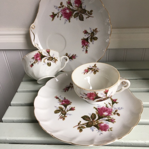 Vintage Moss Rose Tea Cup Snack Set, Set of Two